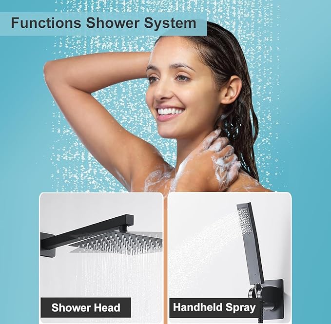 Matte Black Shower Head and Handle Set 10 Inch, Rain Shower Head with 2 Hooks, Luxury Rain Shower Set Square Wall Mount for Bathroom with Rain Shower and Handheld Shower System