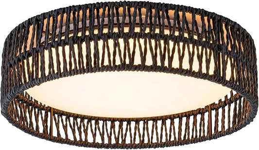 SineRise 12" Flush Mount Ceiling Light,25W LED Rattan Ceiling Light Fixture,Dimmable Handmade Boho Light Fixtures with Rattan,Farmhouse Lighting Fixtures Ceiling for Hallway Kitchen Bedroom(Black)