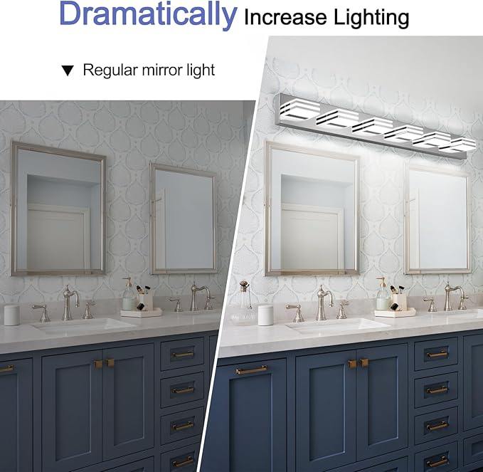 Modern Bathroom Light Fixtures 6 Light LED Vanity Lighting Bar 41 Inch Wall Lights above Mirror 36W Mirror Light Fixtures Chrome Bath Lamps 6000K Restroom Sink Light Long Vanity Sconces Lights