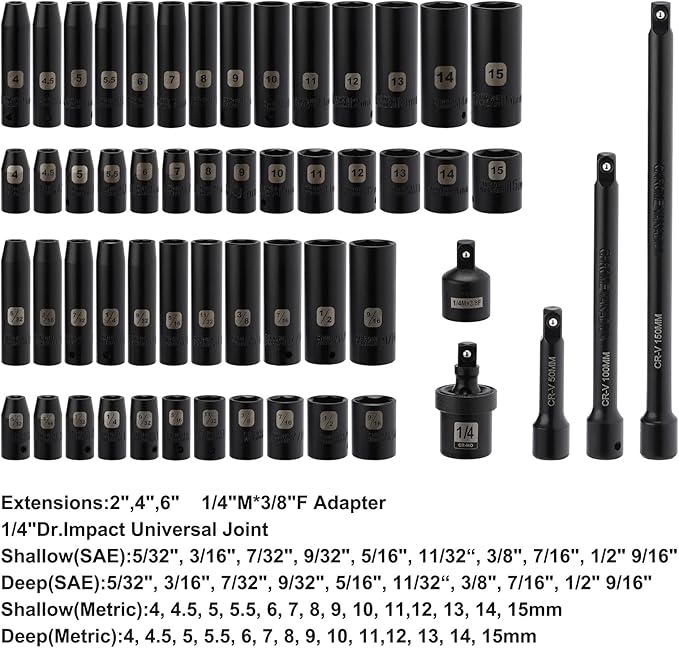 Mayouko 55PCS 1/4 Inch Drive Master Impact Socket Set, Metric/SAE, Deep/Shallow, 6 Point, CR-V, 5/32 Inch - 9/16 Inch, 4mm - 15mm, With Extensions,Adapters,Universal Joint