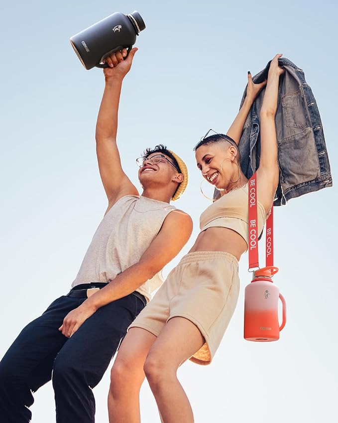 Half Gallon Water Bottle with Handle, Coolflask 64 oz Insulated Stainless Steel Water Jug Metal Double-Walled Vacuum Large Flask With Strap Straw Leakproof, Keep Cold 48 Hrs Hot 24hrs, Magic Black