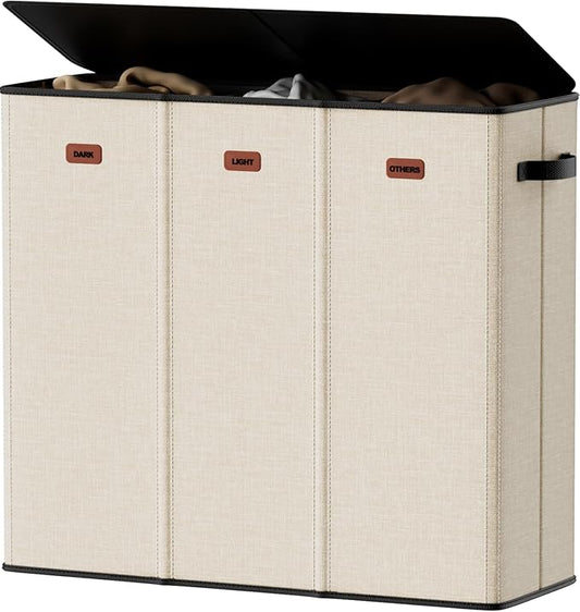 185L Laundry Hamper 3 Section, Laundry Hamper with Lid, Dirty Clothes Hamper with 3 Removable Washing Bags, Extra Large Laundry Basket Organizer for Bedroom, Laundry Room, Dorm - Beige