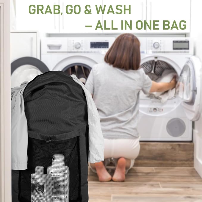 Laundry Bag Backpack, Large Travel Laundry Bags with Shoulder Straps & Mesh Pocket Durable Polyster Clothes Hamper Bag for College Laundromat Apartment (Black, Large)