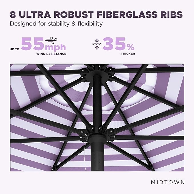 Midtown Umbrellas Push and Pop 9 Feet Outdoor Umbrella, Purple/White Stripes Polyester Fabric - Fiberglass Ribs Deck Patio Umbrella, Backyard Umbrella, Garden Umbrella & Pool Umbrella - Black Pole