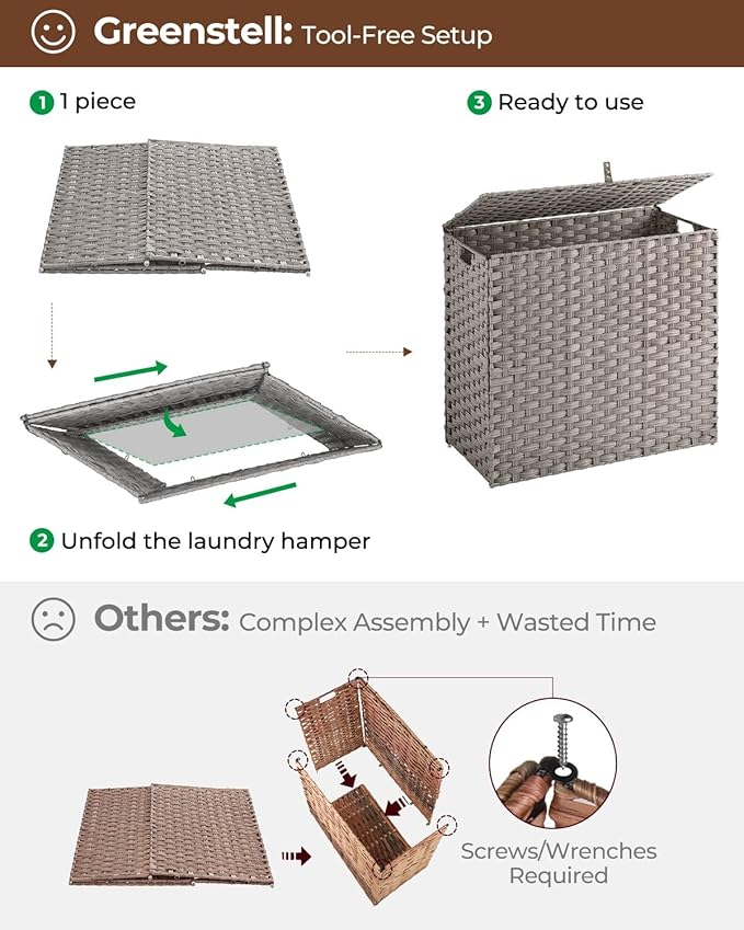 Greenstell Laundry Hamper with lid, No Install Needed, 130L Wicker Laundry Baskets Foldable 2 Removable Liner Bags, 2 Section Clothes Hamper Handwoven Rattan Laundry Basket with Handles, Gray