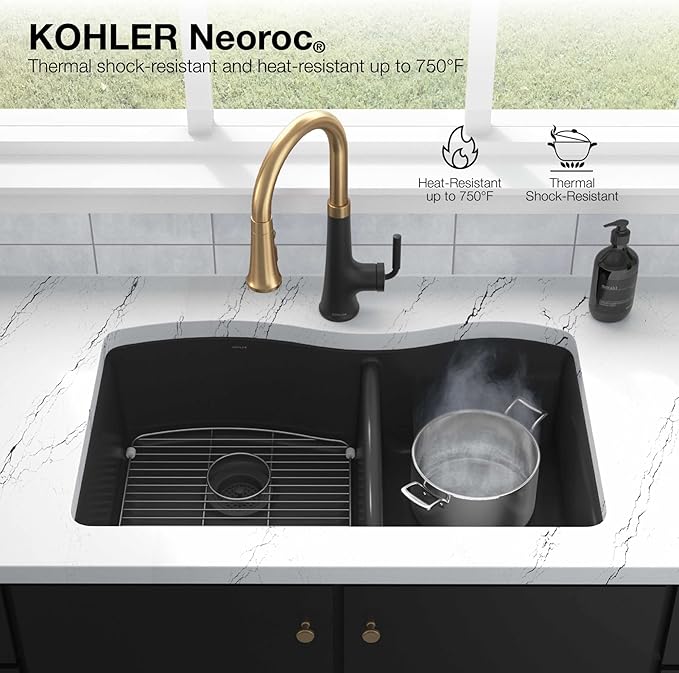 KOHLER K-8199-CM6 Cairn Sink, 33" Neoroc Composite Undermount Double-Bowl Kitchen Sink, Composite Kitchen Sink with Sink Rack, Matte White