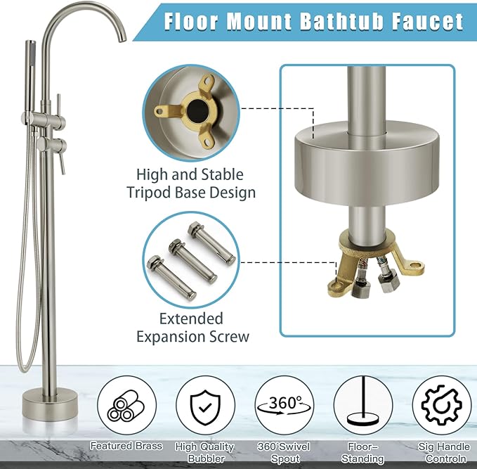 Floor Mount Bathtub Faucet，Freestanding Tub Faucet ，High Flow Dual Function 360 Degree Rotating Tube and Handheld Water Outlet (Brushed Nickel)