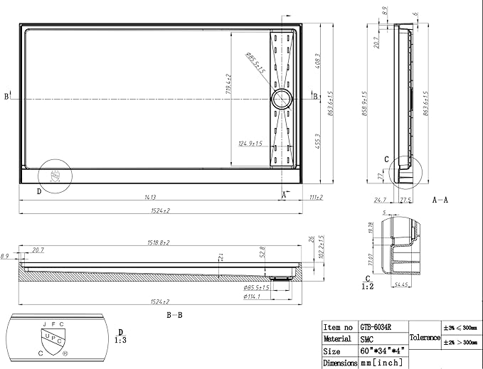 Shower Base Pan in White Right Linear Drainer, Rectangular Shower Base 60"×34"×4" with Non-Slip Floor Panel and Stainless Steel Shower Drain Cover