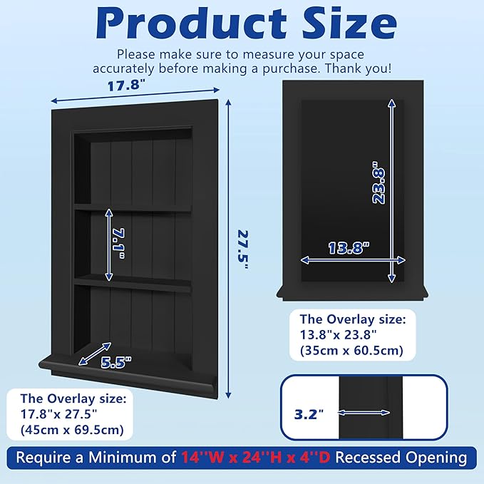 Royxen Bathroom Wall Cabinet with 3-Tier Shelves,Wooden Recessed Medicine Cabinet Over Toilet Storage Cabinet,Bathroom Cabinet Wall Mount for Home Storage, 14 x 24 Inch, Black