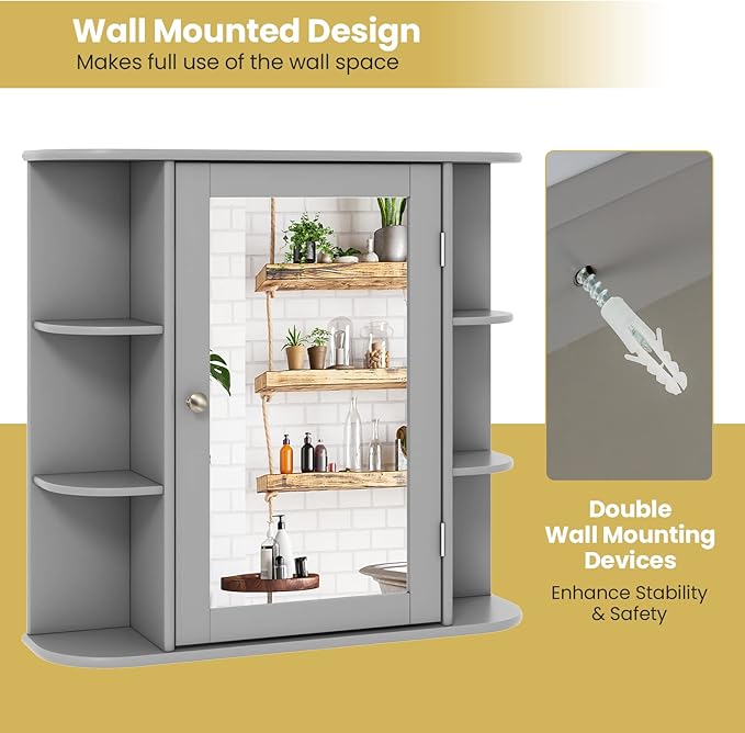 Tangkula Bathroom Medicine Cabinet with Mirror, Wall Mounted Home Storage with Door & 6 Open Shelves, Adjustable Shelves, Mirrored Bathroom Wall Cabinet (Gray)