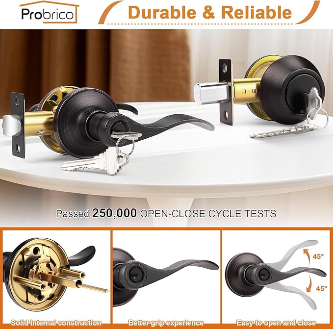Probrico Exterior Door Lock Set Bronze Front Door Lock, Exterior Door Handle with Deadbolt Oil Rubbed Bronze, Entry Door Lever Single Cylinder, 5 Sets
