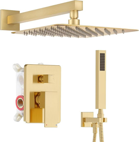 Alesco Shower Faucet Set, Gold Shower System with 12-Inch High-Pressure Rainfall Showerheads and Handheld Spray combo, Showerfixture Include Valve and Trim Kit, Brushed Gold
