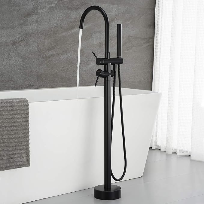 Freestanding Tub Filler Bathtub Faucet Black Floor Mount Brass Bathroom Faucets with Hand Shower