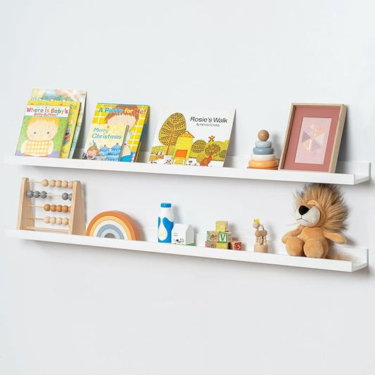 Picture Ledge Shelf for Wall, 48 inch Solid Pine Wood Nursery Book Shelves 2 Packs, Floating Ledge Shelves for Kids' Room Bedroom Bathroom Living Room Photo Frames Office Nursey Wall Decor, White