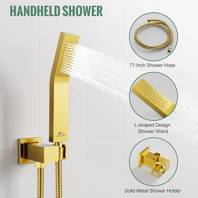 SunCleanse Rainfall Shower Faucet Set Brushed Gold Shower Combo Set for Bathroom with High Pressure 10 inch Shower Head with Handheld Shower Valves Shower Head and Handheld Ceiling Mounted