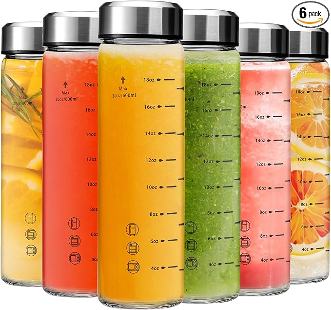 20oz Glass Juice Bottles - 6 Pack Wide Mouth Glass Bottles with Lids- BPA Free, Stainless Steel Lids for Juicing, Smoothies, Infused Water, Beverage Storage - Leakproof, Borosilicate, Clear