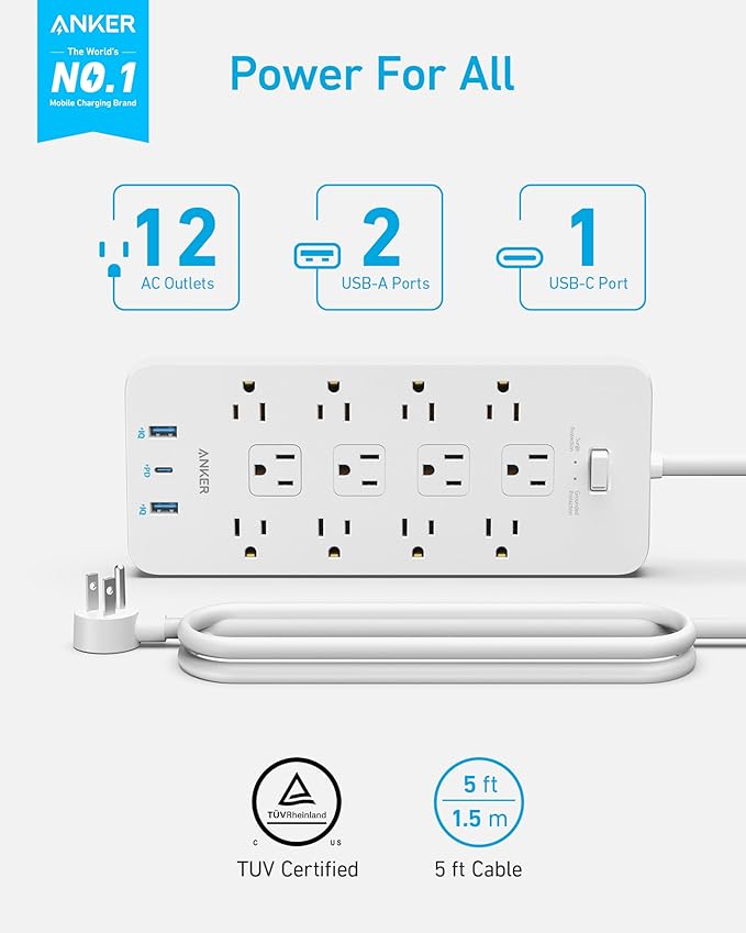 Anker Power Strip with 3 USB Ports, Surge Protector (2100J-5ft), 12 Outlets with 2 USB-A Ports and 1 USB-C Port,Flat Plug, Works with iPhone 16/16 Plus/16 Pro/16 Pro Max,for Home,Office, TUV Listed