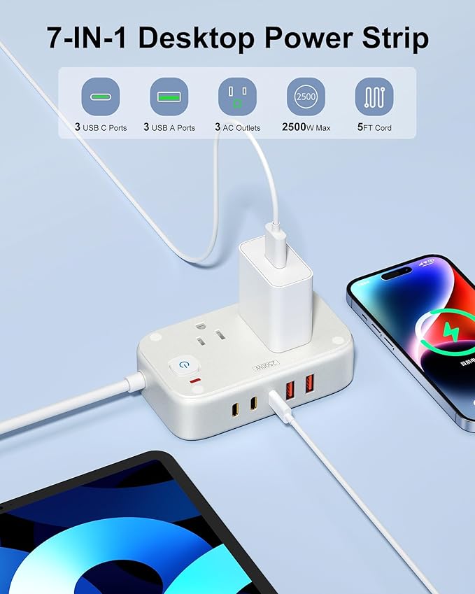 Power Strip with USB C - 40W Charging Station with 2 Outlets 3 USB C & 2 USB A - Charger for Multiple Devices, 5Ft Flat Plug Extension Cord for Travel Cruise Ship Office Dorm (White)