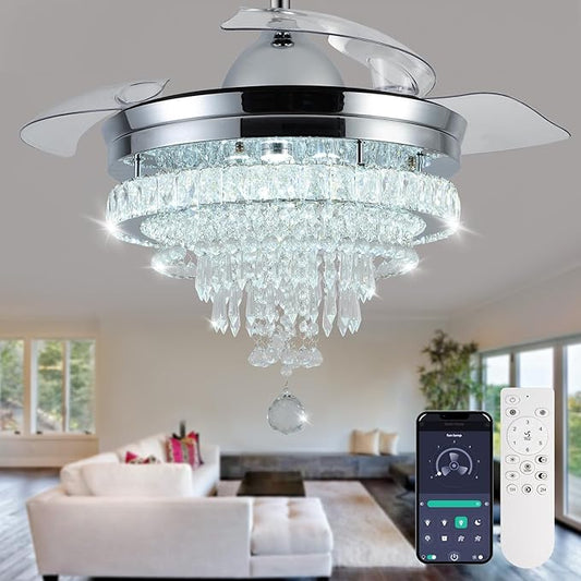 LEONTYNE 42" Modern Fandeliers Chandelier Ceiling Fan LED Dimmable Crystal Ceiling Fan with Light and Remote 6 Speed 3 Blades Retractable Fans for Bedroom Living Dining Room