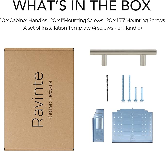 Ravinte 10 Pack | 5'' Cabinet Pulls Brushed Nickel Stainless Steel Kitchen Drawer Pulls Cabinet Handles 5”Length, 3” Hole Center with Mounting Template