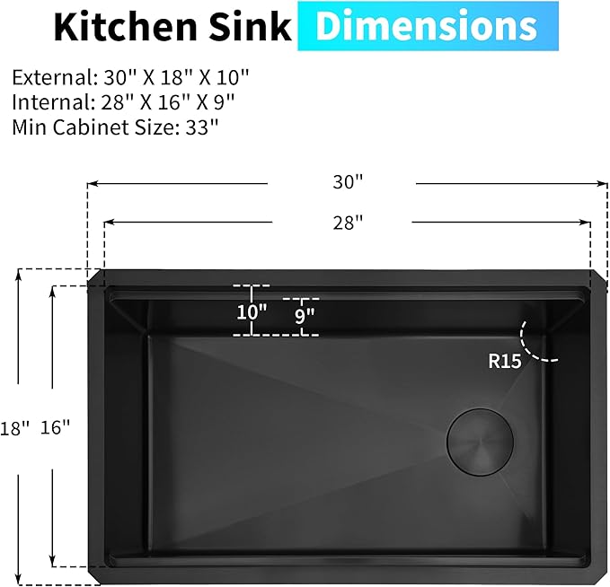 Black Undermount Kitchen Sink,16 Gauge Stainless Steel Sinks,Single Bowl Workstation Sink,Modern Kitchen Sink Offset Drain (30" X 18")