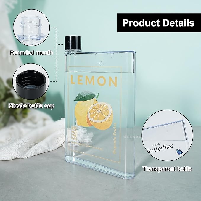 Flat Water Bottle 420ml,Plastic Portable Flat Water Bottle for Purse,Square Water Bottle Flat for Sports Gym Fitness Outdoor,Lemon