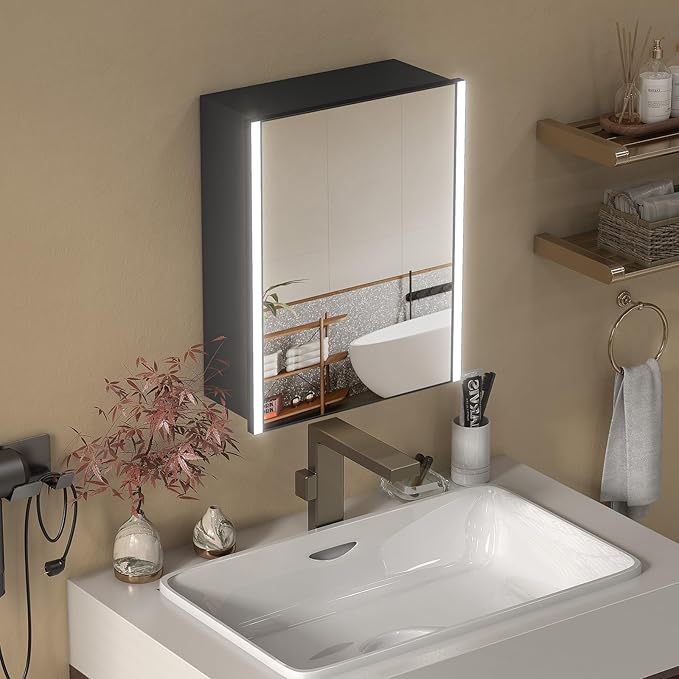 20x26 Inch Medicine Cabinet with LED Light Mirror, Brightneess Adjustable and Full-Assembled Bathroom Aluminum Cabinet with Storage, Surface or Recessed Tempered Cabinet, Farmhouse Black