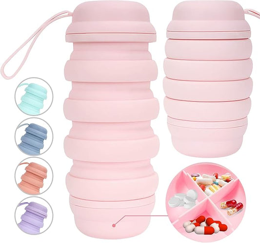 Collapsible Water Bottle, Reusable Water Bottle, 16 oz Water Bottle, Travel Sports, Pill Storage, Silicone Water Bottle, Lunch Bottle, BPA Free, Vitamin Storage. (Pink)