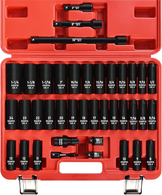 1/2” Drive Impact Deep Socket Set, 39 Pieces Metric(8-24mm)/SAE(5/16 to 1-1/4), CR-V Steel Tool Set with 3”, 5”, 10” Extension Bar, Adapters