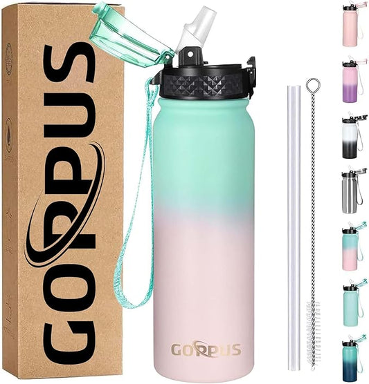 GOPPUS 20 oz Kids Water Bottle with Straw Wide Mouth Lid Leak Proof Double Walled Insulated Stainless Steel Water Bottles with Strap Handle for Boys Girls School (Green Pink 1 Lid)