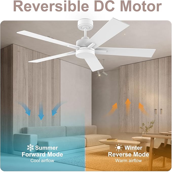 52” Smart Ceiling Fan with Lights Remote,Voice Control via Alexa Google WIFI App,Ultra Quiet DC Motor,Outdoor Indoor Modern Ceiling Fans,6-Speed for Bedroom Patio Porch,White and Wood Color