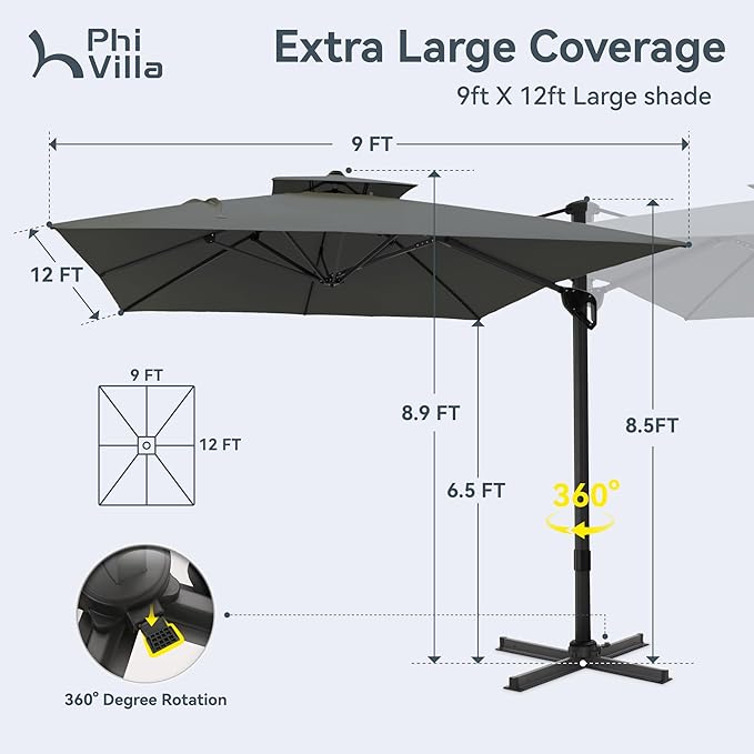 PHI VILLA Cantilever Patio Umbrella with Base, 9' X 12' Outdoor Large Rectangluar Umbrellas with 360°Rotation, Heavy Duty Hydraulic Double Umbrella Windproof for Outside, Deck, Garden, Porch, Grey