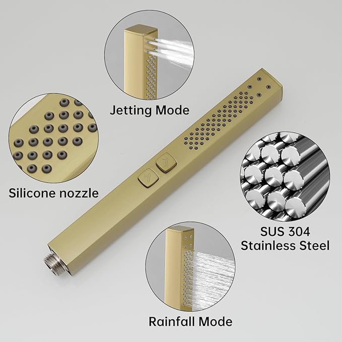 RUMOSE Brushed Gold Rainfall Shower System 12 Inch High Pressure Square Shower Head with 2 in 1 Handheld Spray Wall Mount Brass Bathroom Shower Faucet Set with cUPC Certified Rough-in Valve