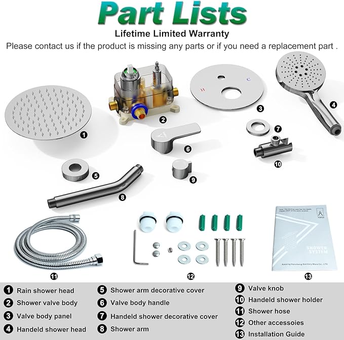Shower Faucet Set 8IN Brass Rough-In Valve Body Trim Kit Rainfall Included Handle Accessories Complete 2 Functions with Rain Head and Handheld Bathroom Systems (8‘’, Chrome Polished)