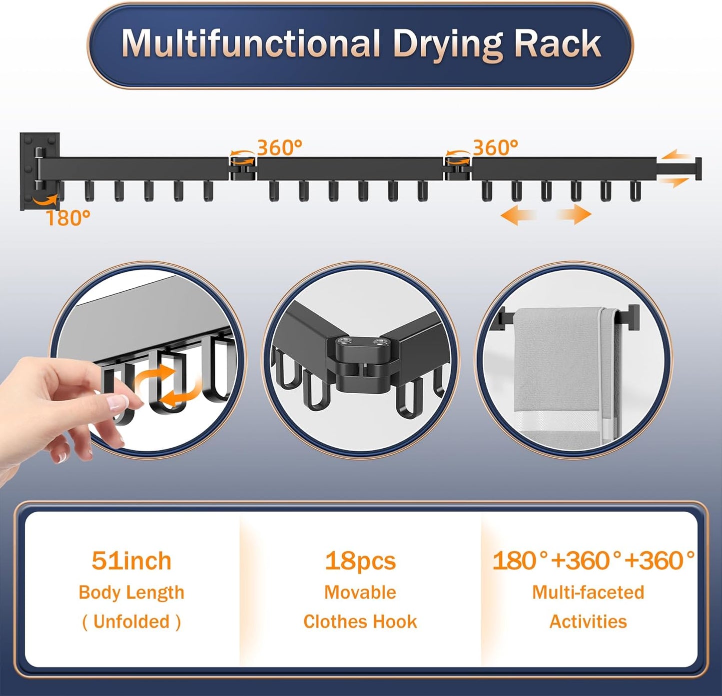 Space Saver Clothes Drying Rack, Wall Mounted, Retractable, Collapsible(Tri-Fold), for Balcony, Bathroom, Black Color