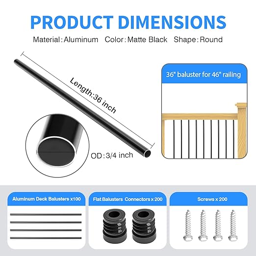 100 Pack 36" Aluminum Deck Balusters,3/4" Round Aluminum Balusters for Deck Railing,with Screws & Connectors,Black Deck Rail Spindles for Wood/Composite Fencing