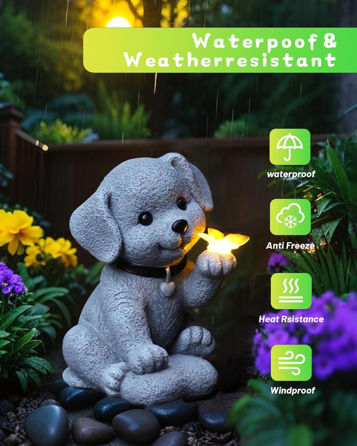 Solar Garden Statue Decor,Animal Solar Lights Outdoor Waterproof,Solar Garden Decorative Lawn Patio, Balcony, Yard Ornament Unique Housewarming Gifts (Dog Butterfly)