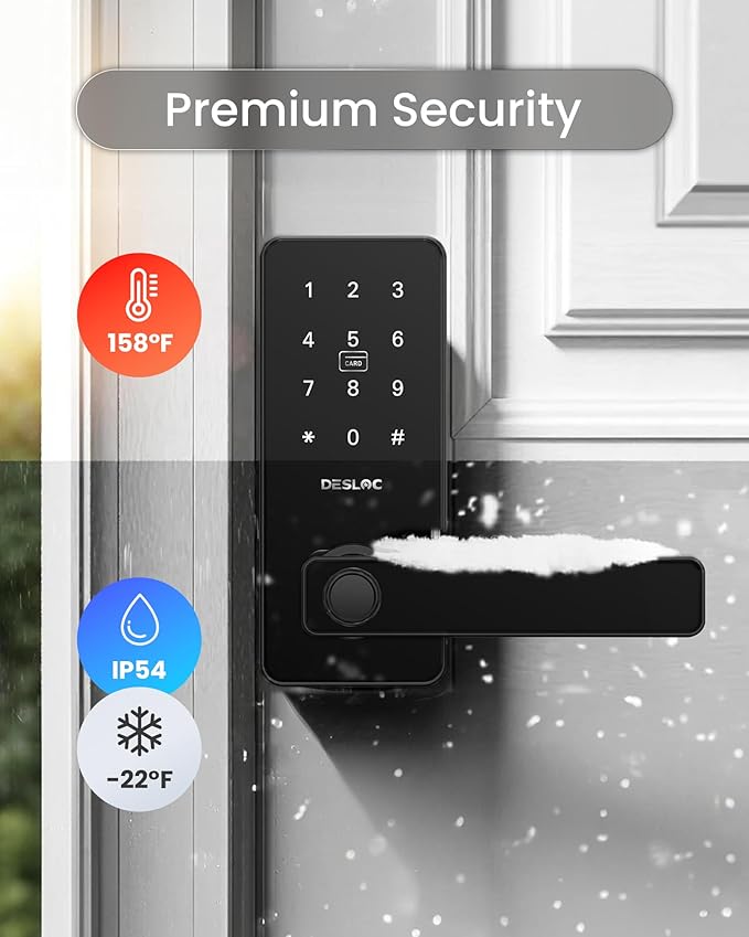 DESLOC B200L Fingerprint Smart Lock with Handle, Keyless Entry Door Locks, App Control, Touchscreen Keypad, 100 PIN Codes, Auto-Lock, 12-Month Battery, Emergency Power Port, IP54 (Black)