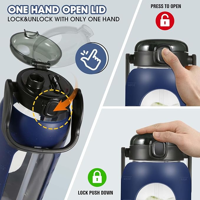 Glass Water Bottles 64 oz - Half Gallon Water Bottle with Straw Phone Holder Handle Time Marker and Silicone Sleeve, Large Motivational Water Jug with Carrier Bag for Daily Intake Gym Blue