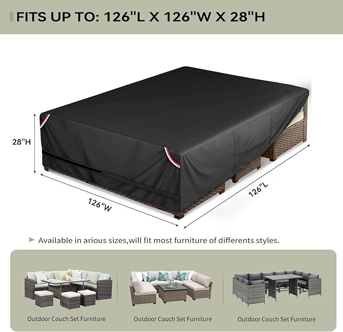 KylinLucky 126"x126" Heavy Duty Waterproof Patio Table Cover - All-Weather UV Protection Outdoor Furniture Cover with Air Vents & Adjustable Straps for Rectangular Dining Set, Black