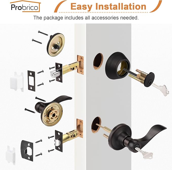 Probrico Front Door Handle 3 Sets-Front Door Entry Lever and Single Cylinder Deadbolts Combination Set, Keyed Alike Interior Exterior Door Lock, Oil Rubbed Bronze Door Handlesets Wave Shape