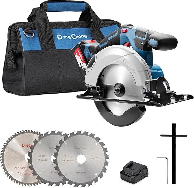 Dong Cheng Cordless Circular Saw 6-1/2-Inch 840W, Cutting Depth 59mm, 0-50° Adjustable with Dust Collection Adaptor, 24T & 40T TCT Blade Included, Battery and Charger Kit (4.0Ah)