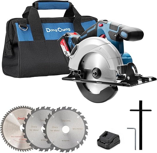 Dong Cheng Cordless Circular Saw 6-1/2-Inch 840W, Cutting Depth 59mm, 0-50° Adjustable with Dust Collection Adaptor, 24T & 40T TCT Blade Included, Battery and Charger Kit (4.0Ah)