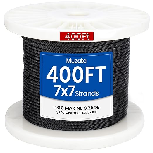 Muzata 400 ft 1/8" Black Stainless Steel Cable Railing System Hardware T316 Stainless Steel Wire Rope 7x7 Strands 1800 lb Breaking Strength Black Cable Railing Kit for Indoor Outdoor WR19