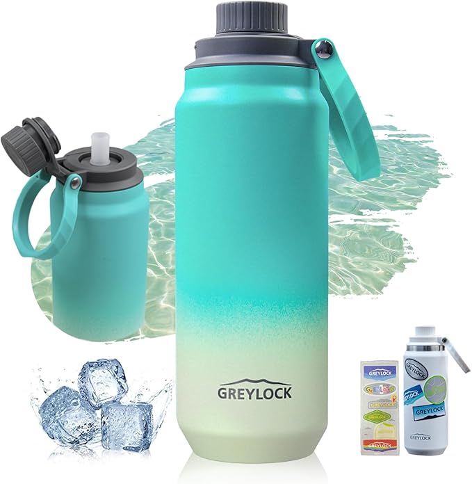 Greylock 20 oz Insulated Stainless Steel Water Bottle with Straw Lid- BPA-Free Leak Proof When Closed, Reusable Metal Water Bottle with Carry Handle for Travel Camping, 24 Hours Cold (Seafoamrise)