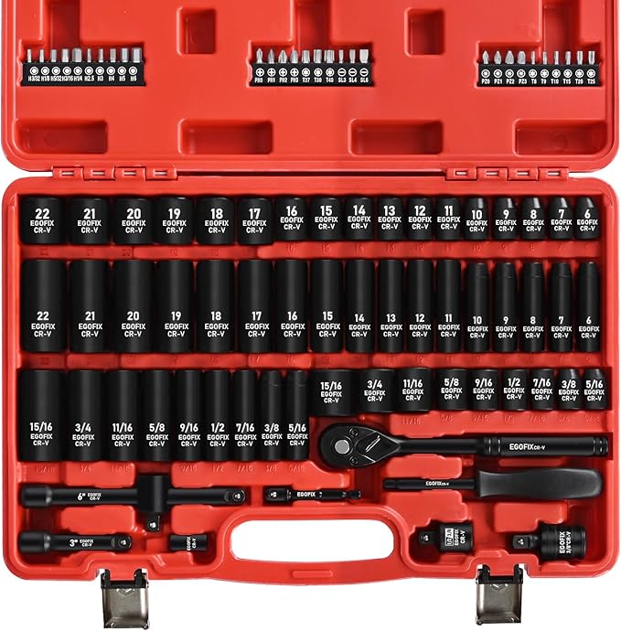 3/8" Drive Impact Socket Set, 90 Piece Metric Socket (6-22mm) and Standard SAE Size (5/16-15/16 inch) 6 Point, with 72-Teeth Ratchet Wrench, Mechanics Tool Kit for Automotive Repair