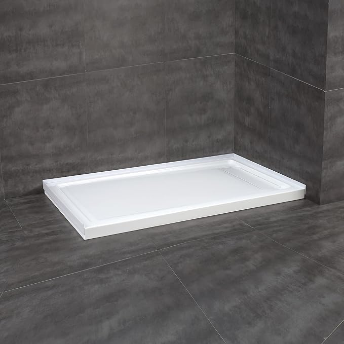 OVE Decors 60-in W x 32-in D Shower Base Pan Rectangle, Hidden Side Drain, White Acrylic, Reversible Design