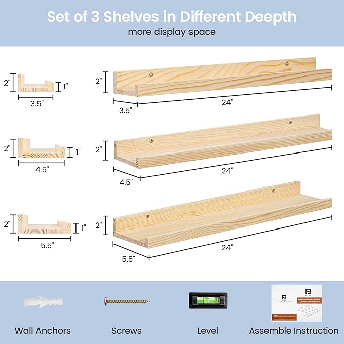 Picture Ledge Shelf for Wall, 24 inches Solid Pine Wood Nursery Book Shelves 3 Packs, Floating Ledge Shelves for Kids' Room Bedroom Bathroom Living Room Photo Frames Office Nursey Wall Decor, Natural