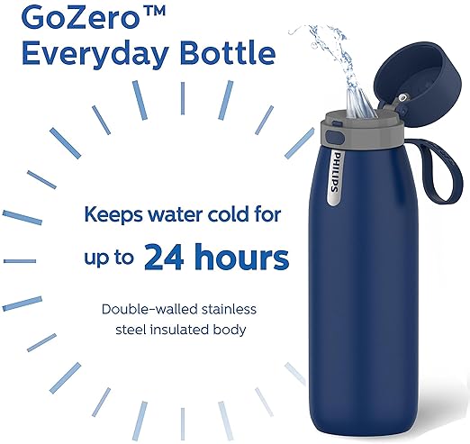 PHILIPS Filtered Water Bottle, Insulated Stainless Steel Water Purifier Bottle for Daily Life & Travel, BPA Free with GoZero Everyday Filter for Cleaner & Tastier Tap Water, Keeps Cold, 32 oz