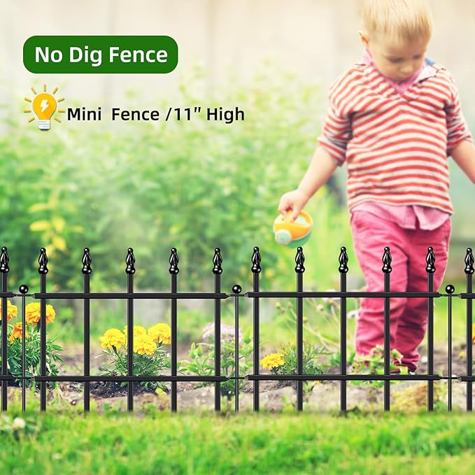 Decorative Metal Garden Fence 11in H x 6ft L, Small Border Fence Roman Column Deco, Garden Fencing for Flower Bed Lawn Landscape Outdoor, 5 Panels + 6 Stakes Black